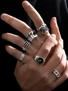 6pcs Men's Punk Skull & Poker Design Cuff Ring for Men, Fashion Stackable Rings, Fashion Jewelry for Party, Daily Clothing Decor, Trendy All-match & Exquisite Jewelry for Birthday Gift