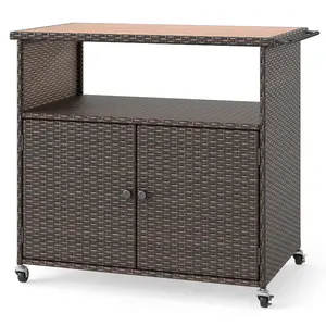 COSTWAY - Outdoor Storage Cabinet with Acacia Wood Top and Lockable Wheels COSTWAY - Outdoor Storage Cabinet with Acacia Wood Top and Lockable Wheels