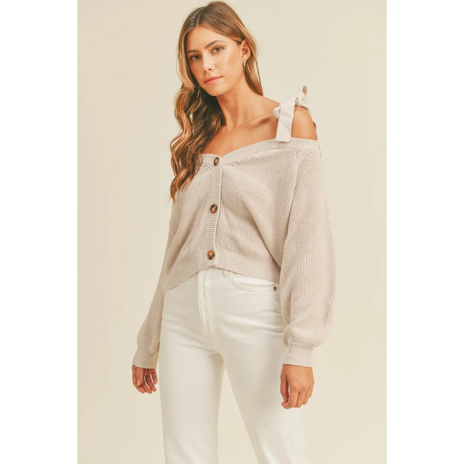 Dusty Lavender Off-Shoulder Cardigan with Self-Tie Straps & Button Detail