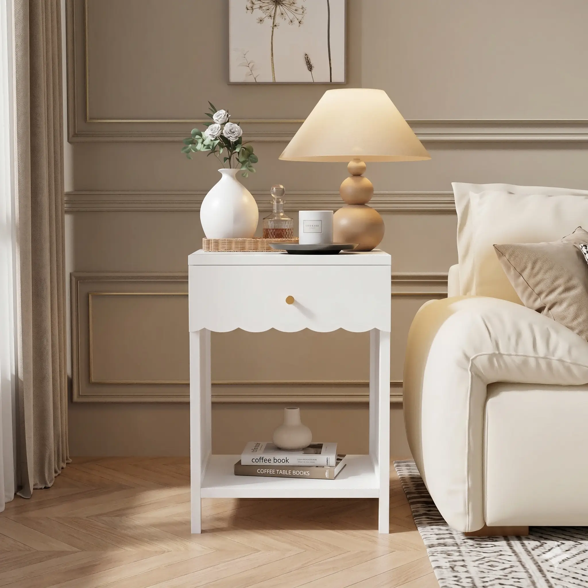 Night Stand Nightstand, Coquette Preppy Night Stand Nightstand with Drawer and Open Shelf, Shelf Cute Scalloped Edge Bedside Table for Girls Bedroom, Modern Wood End Table, White