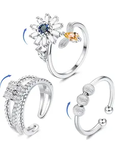 3 Pcs Anxiety Ring Fidget Rings for Anxiety Spinner Ring Figit Spinning Ring Anxiety Ring for Women Men Butterfly Flower Beads Worry Stress Ring Set, Adjustable Sunflower Ring
