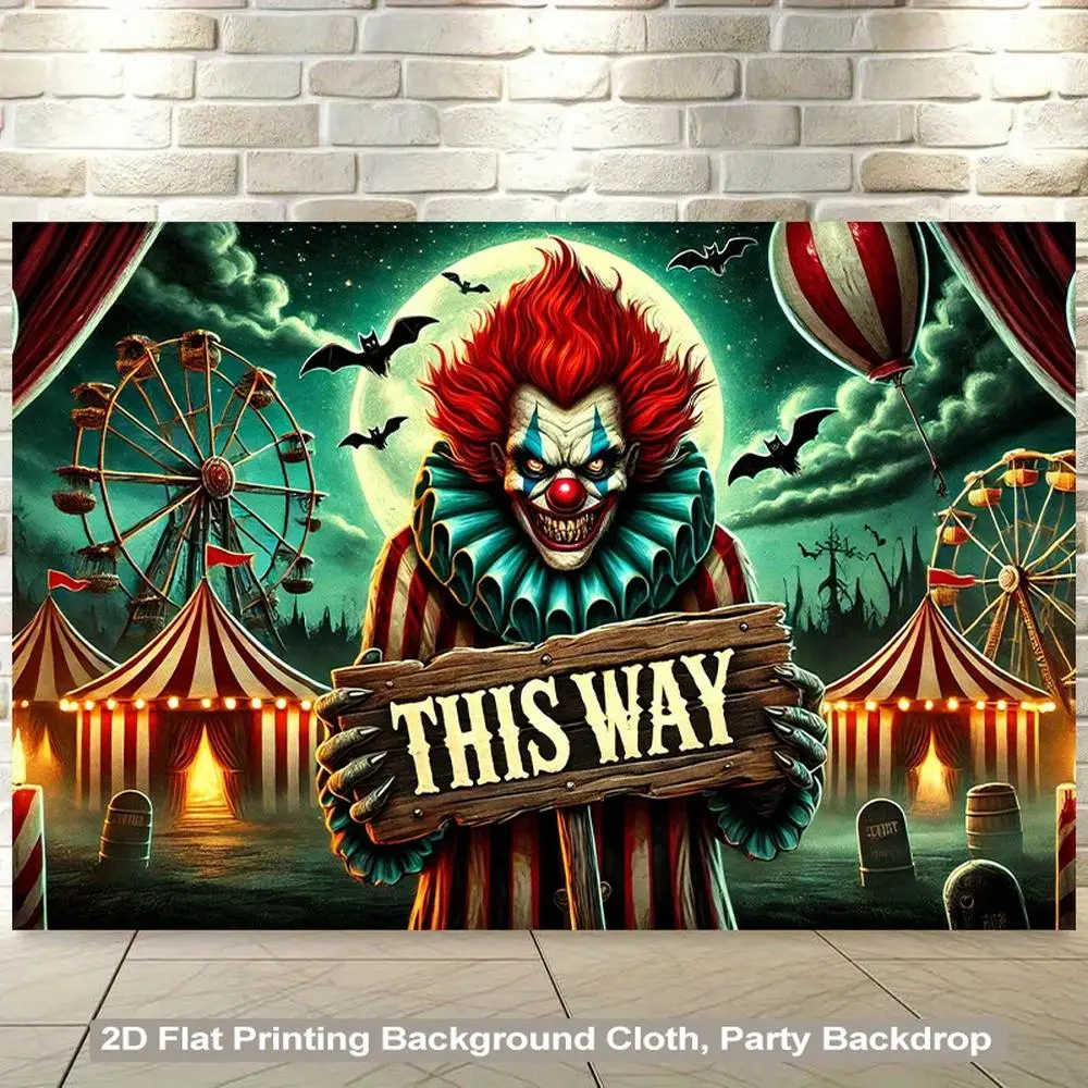 1-Piece Pennywise-Inspired IT Themed 2D Flat Creepy Clown Print Carnival Backdrop, Hangable Durable Vibrant Polyester Fabric Wall Hanging with Soft Texture, Easy-to-Hang Horror Event Party Decor