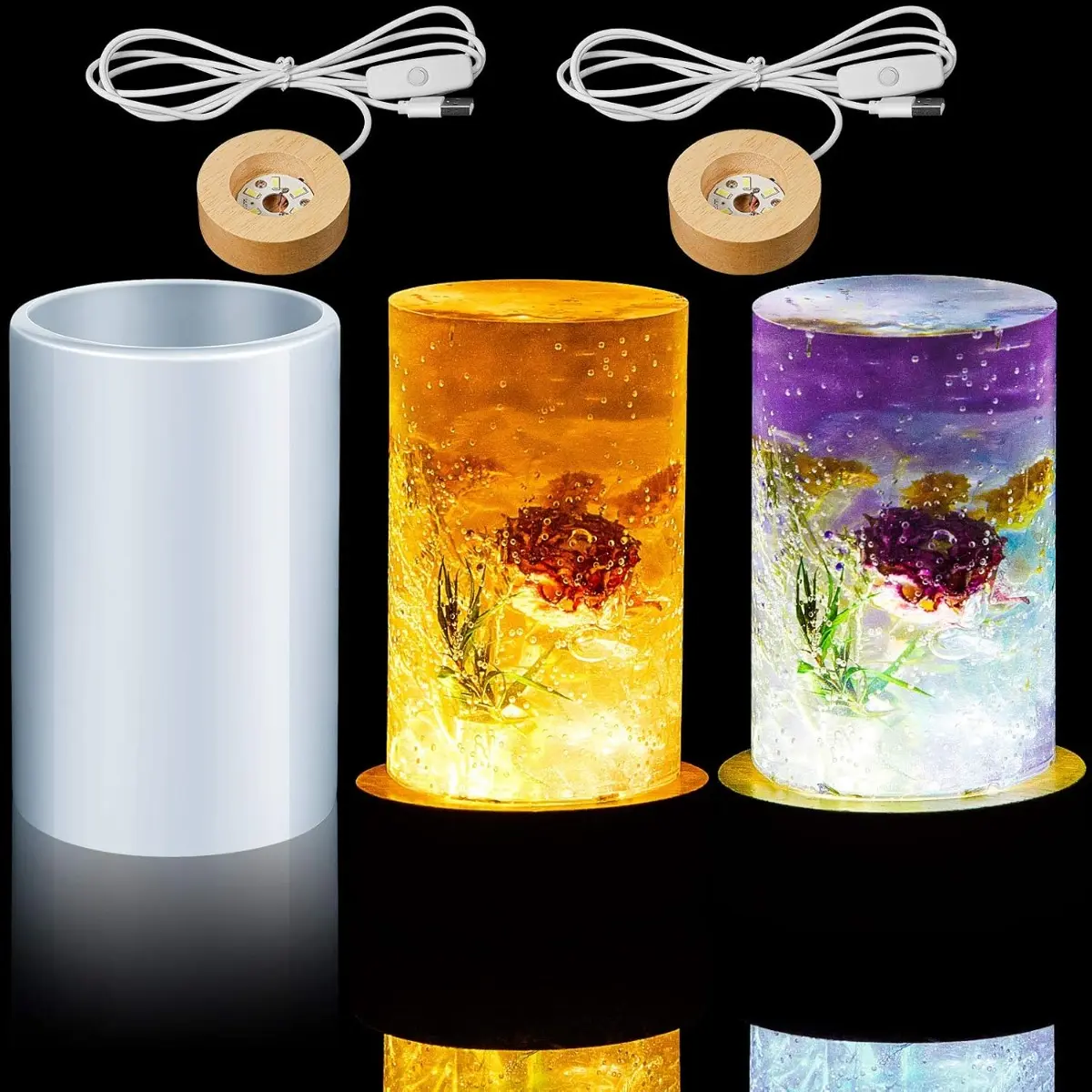 3-Piece Silicone Candle Accessories Set - Resin Molds, USB-Powered Wooden Lighting Base for DIY Table Lamp, Resin Art, Handmade Crafts Decor