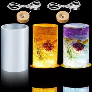 3-piece set of silicone molds, including resin molds and a wooden lighting base powered by USB, for DIY tabletop candle and lamp decorations