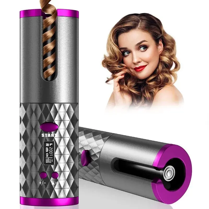 2 IN 1 Automatic Rotating Curling Iron,Beach Waves Curling Wand,auto hair curler,Adjustable Temp & Timer Reminder,Negative ion hair protection,anti-scald, Anti-tangle curling iron,wireless,for hairstyle design Grey