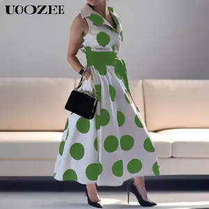 UOOZEE summer black and white polka dot dress, women's fashion style, lapel, sleeveless waist cinching, French retro style long banquet dress