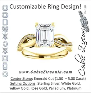 Cubic Zirconia Engagement Ring- The Louisa (Customizable Emerald Cut Design with Twisting Split Pavé Band and Underhalo Accents)