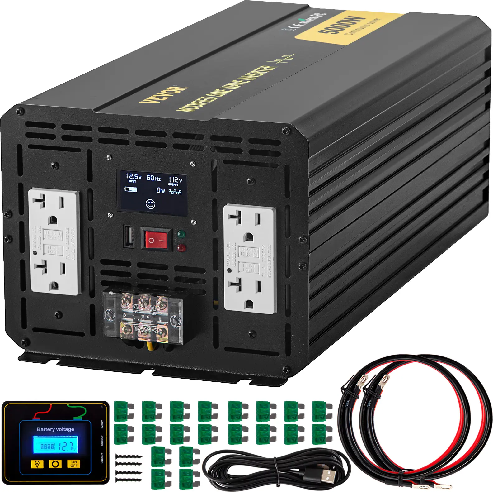 VEVOR 5000W Modified Wave Power Inverter, 12V DC to 110V AC Vehicle Adapter with LCD Screen, Remote Control, LED Light, GFCI Sockets, Alloy Shell, Cables for RVs, Hurricanes, Lcd Display