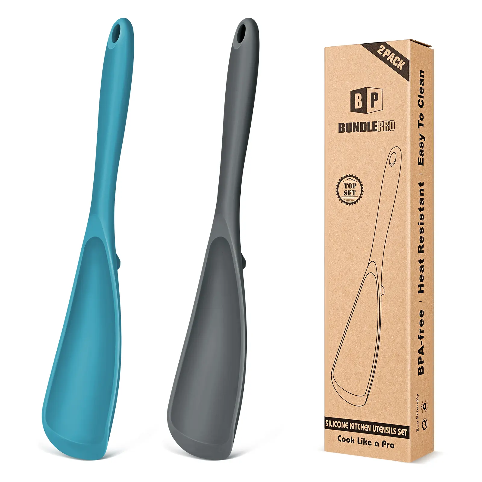 BundlePro Silicone Cooking Spoons - 2 Pack Non Stick Spatulas for Nonstick Cookware, BPA-Free, Heat Resistant, Multifunctional Kitchen Utensils Set