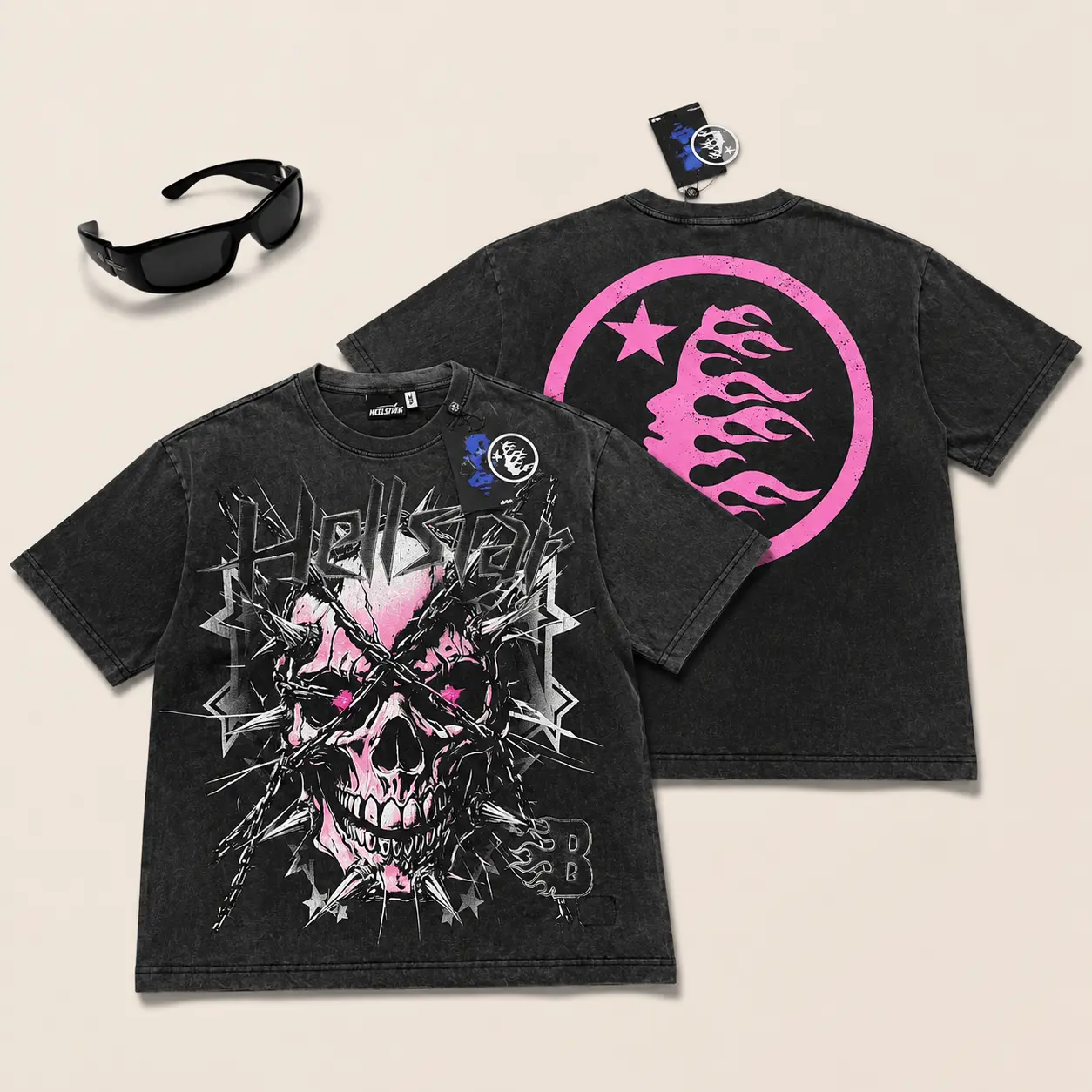 Hell star Pink Skull Graphic T Shirt TikTok Viral Washed Black Streetwear Tee Oversized Y2K Opium Rap Tee Grunge Goth Punk Harajuku Short Sleeve Top Unisex Summer Rave Festival Outfit Men Women