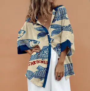 Women's retro sardine print shirt. Loose fit, color-blocked, casual vacation style. Available in multiple colors and sizes.