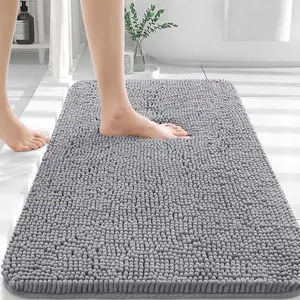 Chenille Bath Rug 30x20, Rubber Backing, Quick Dry, Soft Chenille, Machine Washable, Durable, Textured TP Rubber, Grey, Versatile Placement - Mats