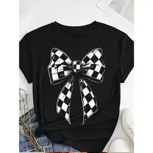 Women's 100% Cotton Round Neck T-Shirt - Black Casual Short Sleeve Tee with White Checkered Bow Print, Machine Washable Spring Summer Fall Top for Mother's Day, Memorial Day