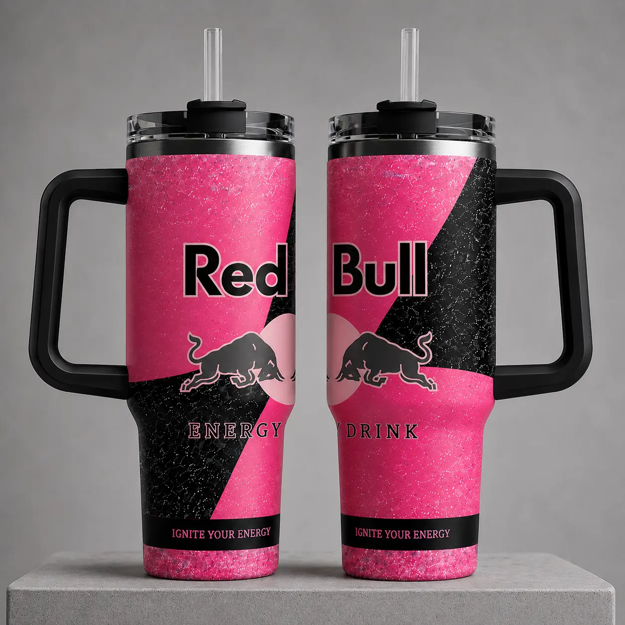 Tumbler With Handle No Box, Energy Drink RB Pink Glitter Travel Mug, Ignite Your Energy Stainless Steel Insulated Cup, Charging Bulls Sports Drinkware, Cold Iced Coffee Water Tumbler, Extreme Sports Fan Gifts
