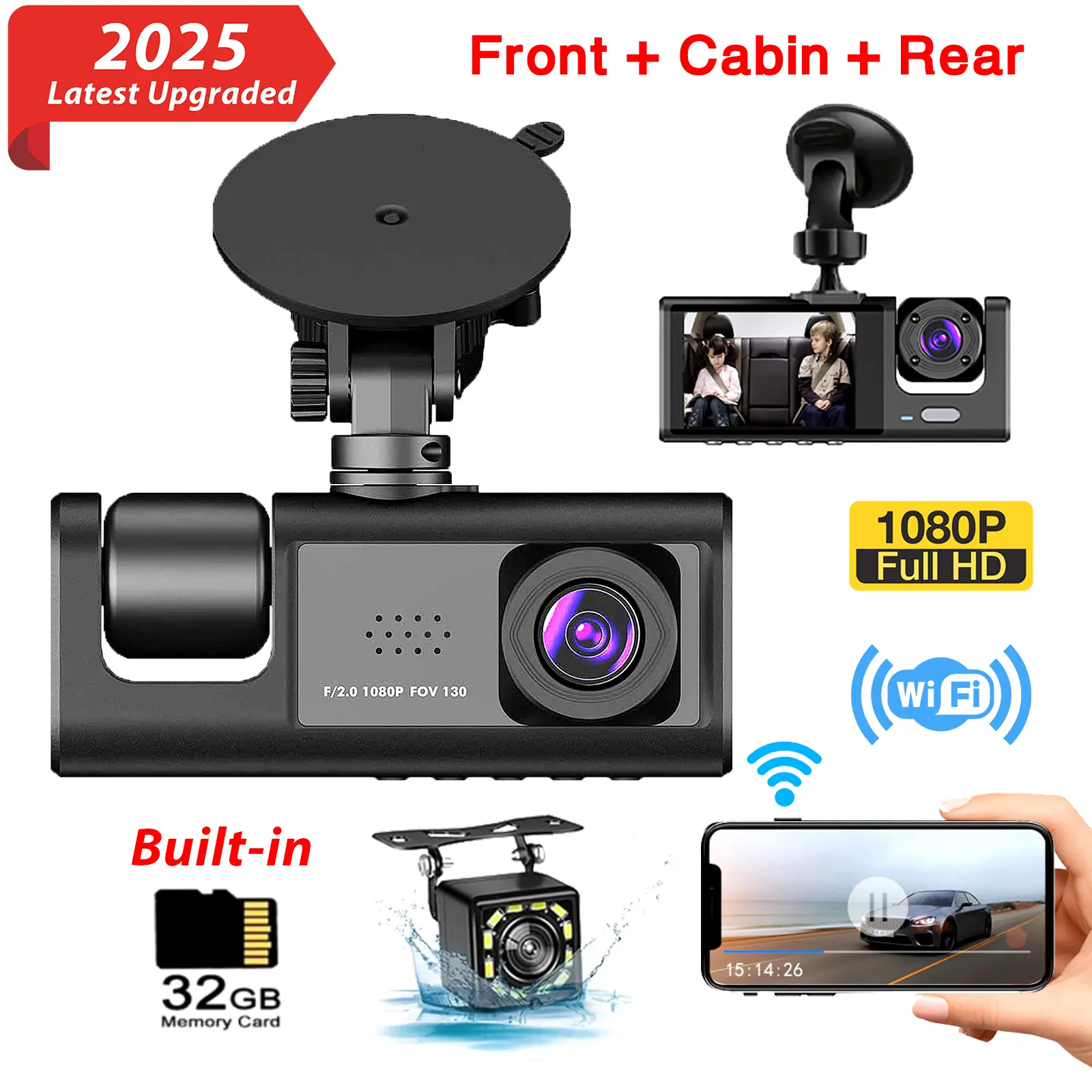 3-Channel Automotive Dashcam Car Dashboard Camera, 1080P Ultra HD Auto Driving Recorder Black Box, 2 in IPS Screen, Front-Inside-Rear Recording, Loop Recording, Night Vision Car Accessory