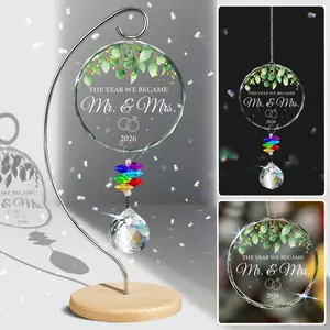 Wedding Crystal Suncatcher with Stand, 2026 Mr and Mrs Gifts for Couples Him Her, Just Married Sun Catcher for Table & Window, Bridal Shower Ornament Keepsake for Bride Newlywed, Valentines Gift for BF