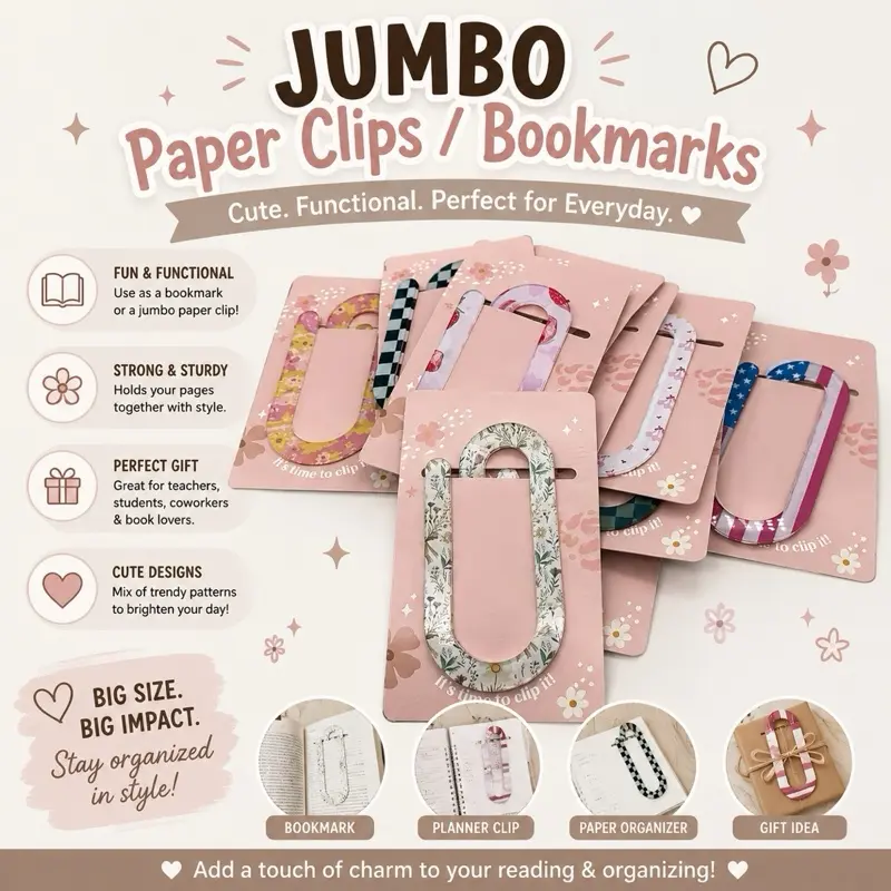 Jumbo Acrylic Paperclips | Gift | Bookmark & Paper Organizer | Teacher Appreciation | Checkered Bookmark | Paperclip