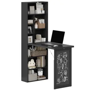 Fold-Out Wall Mount Desk – Black. Folds to 7.7" Deep. 110 lbs Desktop Capacity. 6 Upper + 3 Lower Shelves (Adjustable). Chalkboard Front. Anti-Tipping
