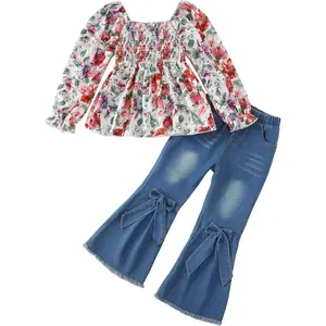 Toddler Girls' 2-Piece Clothing Sets - Fall Winter Smocked All-Over Print Top with Flare Bell Bottom Denim Jeans Pants