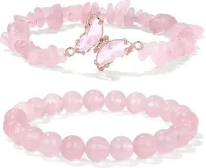 2pcs Love & Money Attraction dainty Bracelet Natural Rose Quartz Bracelets with Beaded Round Stones & Butterfly Charm, Believed to Attract Romance, Protect Love & Bring Positive Energy, Aesthetic Crystal Jewelry Gift for Women handmade