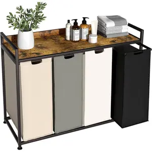 Laundry Hamper with Shelf, Laundry Basket 4 Section, Laundry Sorter with Pull-Out Removable Large 4 Color Bags and Movable Wheels, Metal Frame, 4 x 15.87 Gallons (60L), Rustic Brown PF07XLN