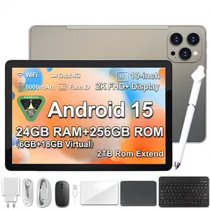 2026 Family 2-in-1 Android 15 Tablet, 10.1” Large Screen, 24GB(6GB+18GB) RAM 256GB Storage, Keyboard, Mouse, Stylus, Case Bundle for Kids Learning & Home Use gift