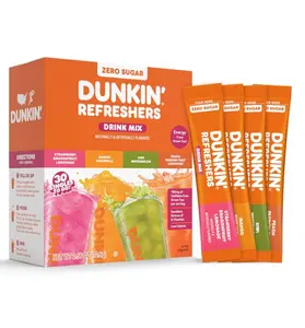 Dunkin’ Zero Sugar Refreshers Singles To Go! Powdered drink mix packets, 30 Ct Variety Pack, 30 Single serve Packets per Box (30 servings), Energy from Green Tea, aspartame-free, no synthetic colors, naturally and artificially flavored, just add water