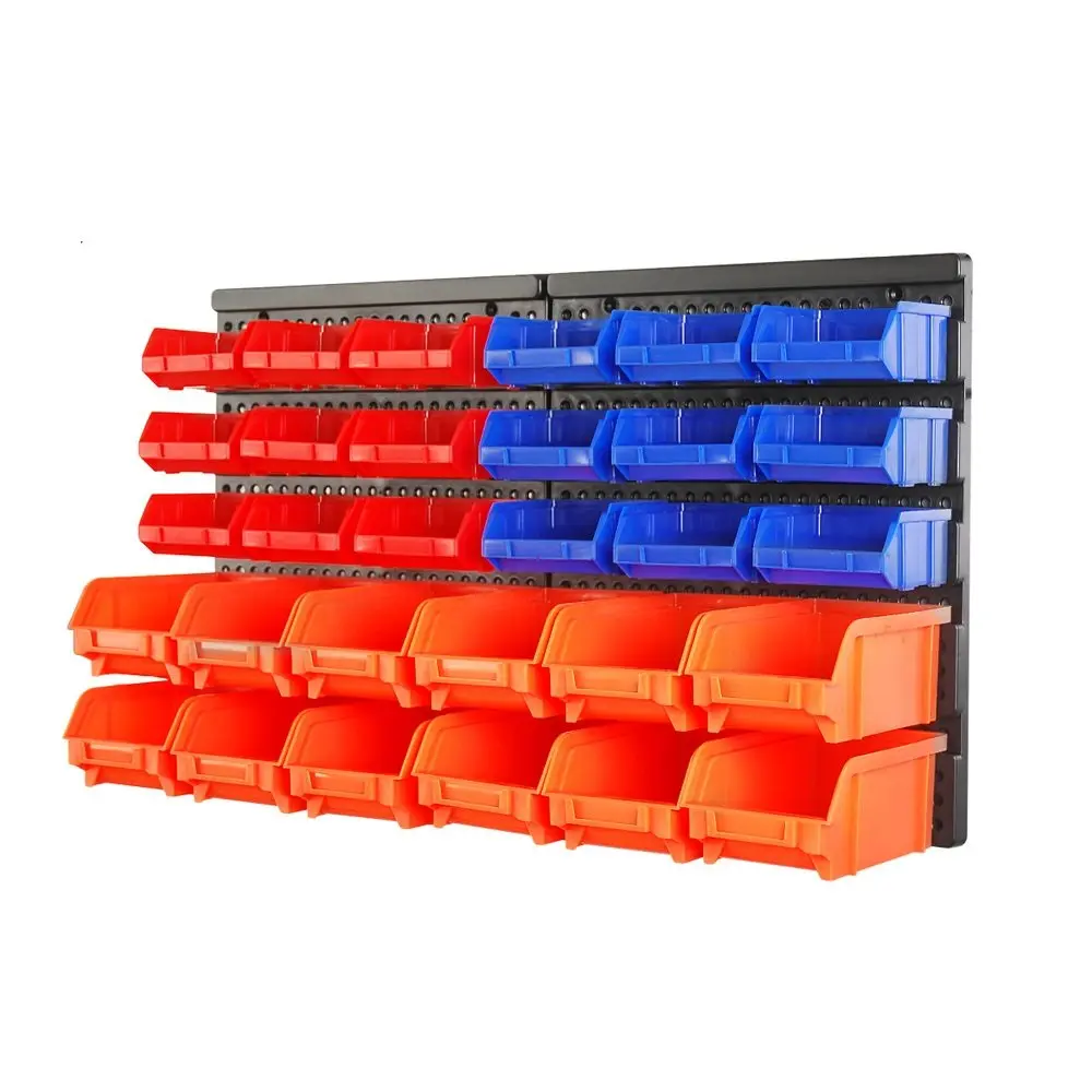 HORUSDY 30PC Wall-Mounted Plastic Storage Bins Parts Rack - Home Storage Tool Organizer, Lightweight Blue/Orange/Red Boxes for Garage Use, Workshop Storage Solutions
