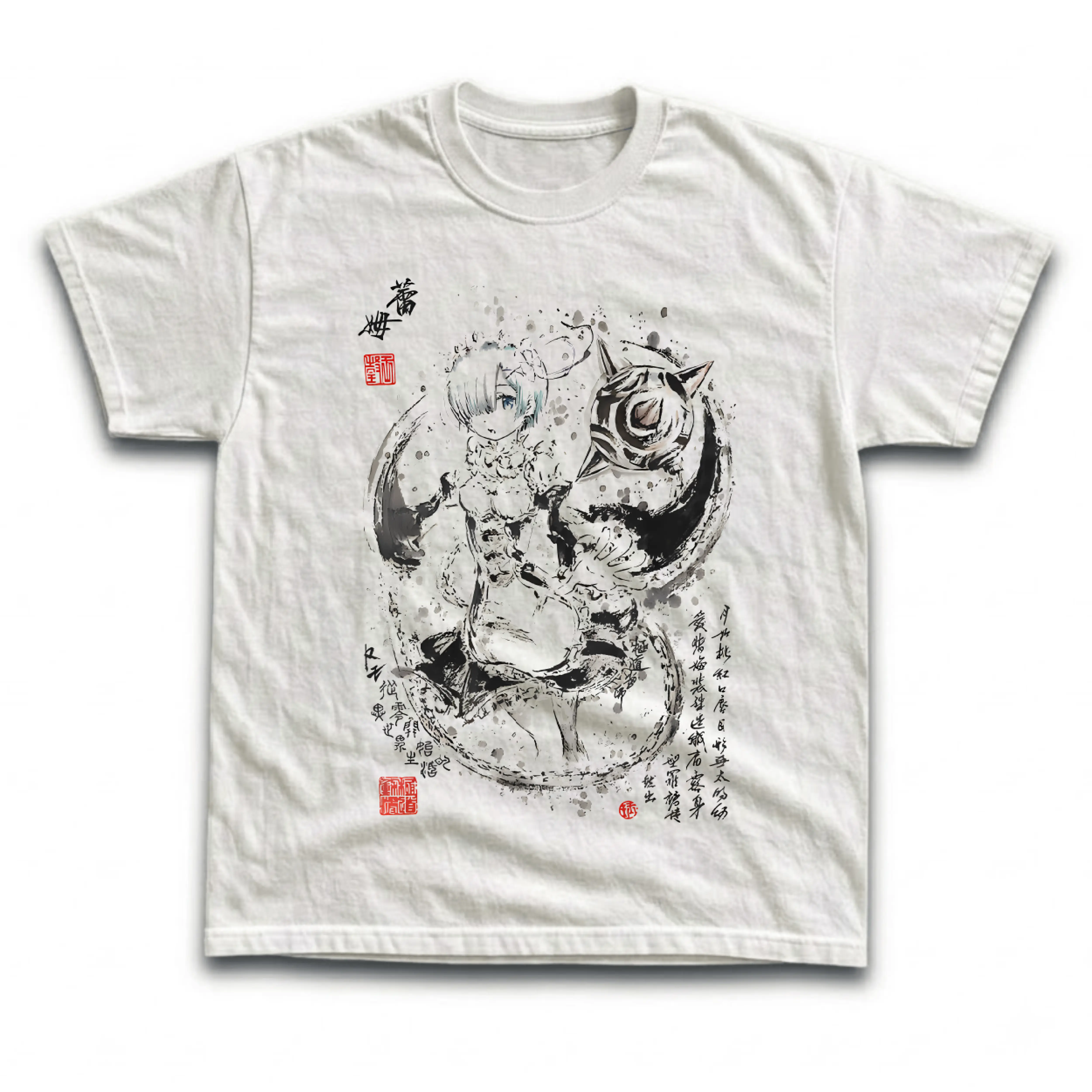 Gildan Men's and Women's T-Shirt, Vintage Re:Zero Graphic Tee, Rem Tee, Morning Star Flail Maid Shirt, Japanese Ink Calligraphy Top, Sumi-e Brush Art Merch, Kanji Red Seal, Retro Anime Streetwear Unisex