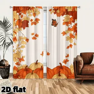 2D Flat 2Pcs Fall Maple Leaves Curtains Autumn Pumpkin Butterfly Pattern Window Drapes Orange Yellow Seasonal Home Decor Semi Sheer Curtain Panels for Living Room Bedroom Kitchen Dining Thanksgiving Halloween Decoration Treatment