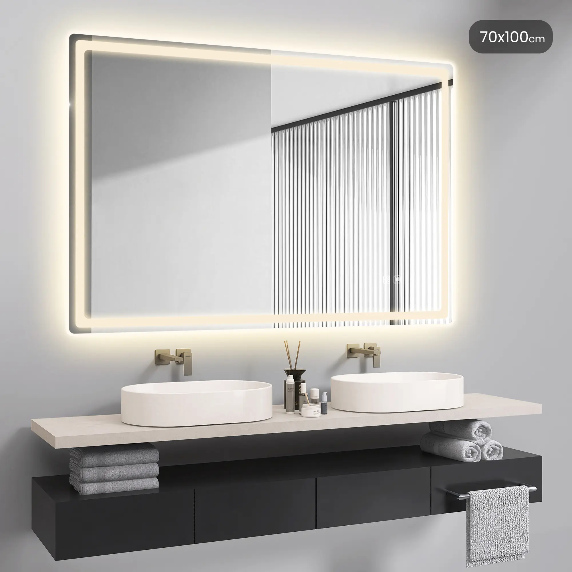 Starlead 40"x28" Rectangular Tempered Glass LED Bathroom Mirror, Stepless Dim, 3000K/4000K/6500K, Anti-Fog Defog, Adjustable Lighted Mirror, Plug-in/Hardwired, Hotel-Style, Modern Linear, Indoor Use