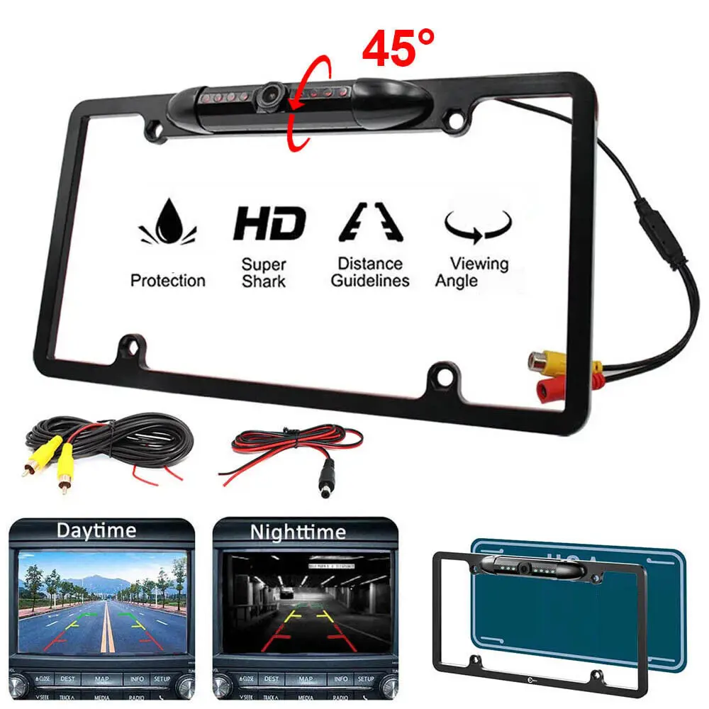 Universal Fit Car Backup Camera with License Plate Metal Frame, 8 IR LEDs Night Vision, HD Resolution, Heavy Duty Waterproof Rear View Camera, Easy Installation Reversing Aid for US Cars, Trucks, SUVs, Pickups