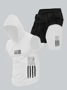 Unisex American Flag Print Hooded Sleeveless Vest & Sport Shorts Set, Vintage Patriotic Loose Breathable Two-Piece, Streetwear Gym Training