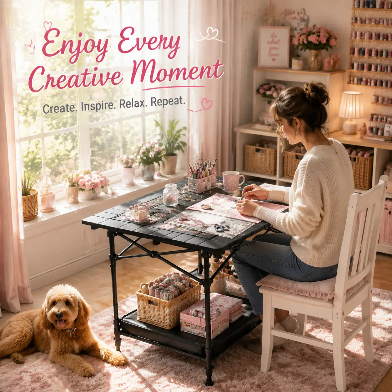 Creative Moment Table with Storage Shelves and Cozy Atmosphere for DIY Projects and Relaxation