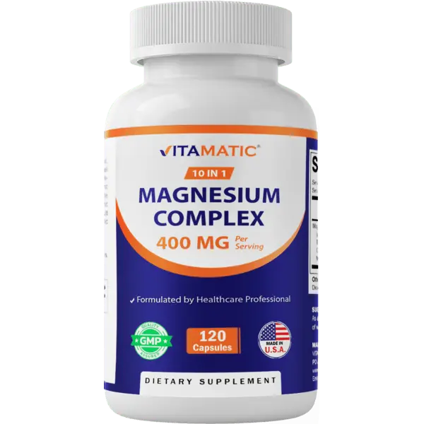 Vitamatic Complex Magnesium Dietary Supplement - 400mg Elemental Mg, 10-in-1 Multi-Nutritional Mineral with Vitamins, 120 Capsules, GMP-Certified, Hypoallergenic, Artificial Color & Dairy Free, Supports Muscle, Heart, Bone Health & Metabolism