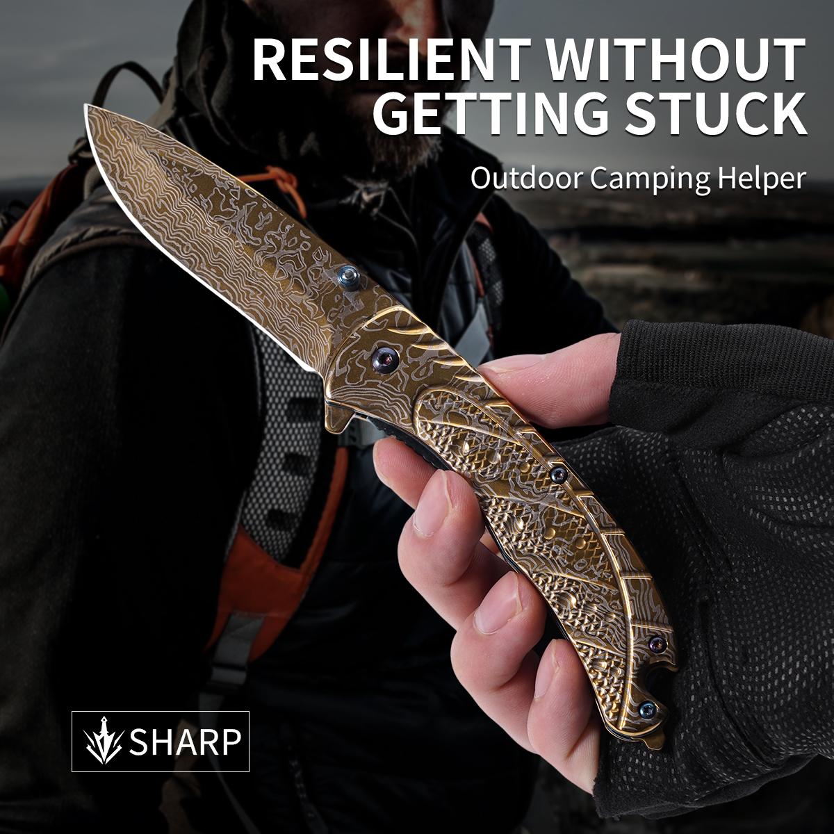 Golden patterned folding knife, camping, barbecue, mountaineering, hiking