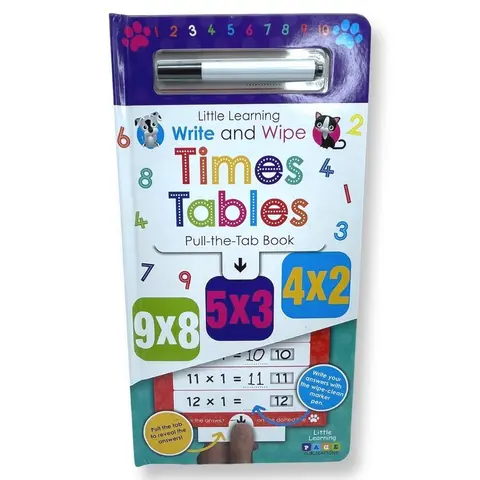 Kids' Laminated Write & Wipe Times Tables Drill Activity Book - 14-Page Visual Learning Tool for Children, Classroom Supplies, Engaging Children's Books to Improve Writing Skills, Pull-Tab, Dry-Erase Markers