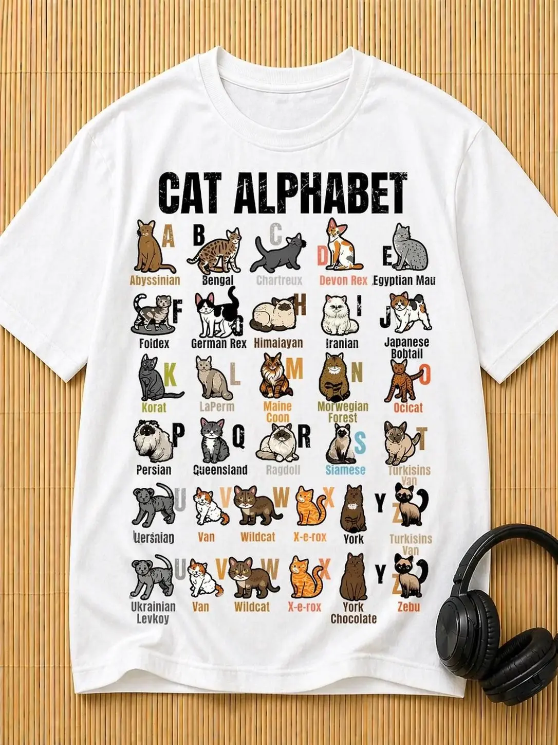 Cat Alphabet T-Shirt, Cute Breeds Graphic Tee, Funny Lover Shirt, Mom Gift, Educational Animal Shirt