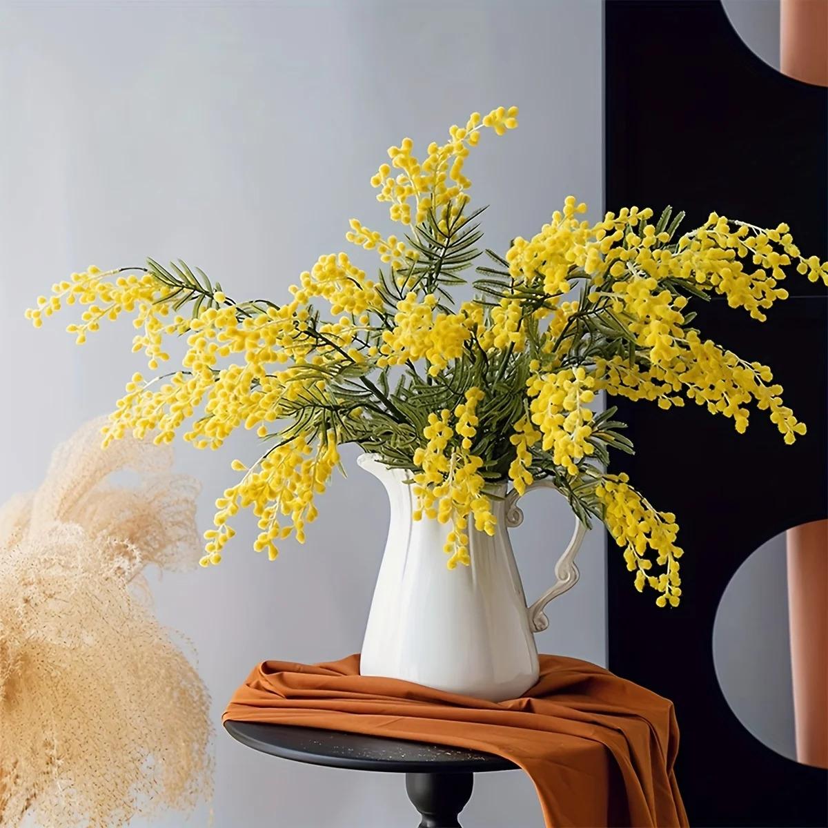 6pcs Artificial Mimosa Flower Bouquet |   Handmade Yellow Buds and Green Foliage, Lifelike Plastic Flowers and Leaves on Stems