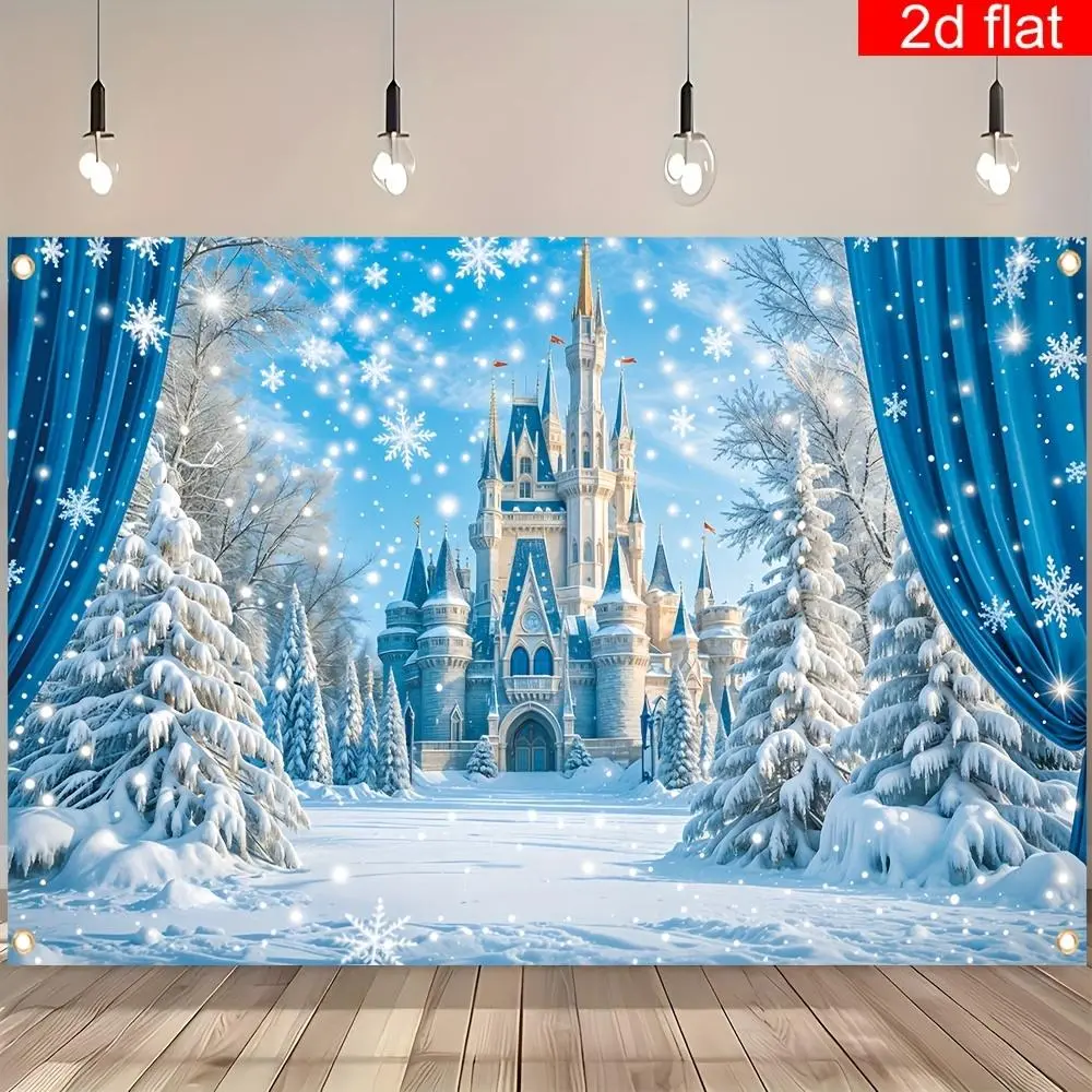 1pc Soft Durable Polyester Flat Banner - 2D Christmas Aesthetic Winter Wonderland Backdrop, Ice and Snow Castle Blue Glam Design with White Snowflake Ornaments, Holiday Decor Indoor/Outdoor Photography Prop