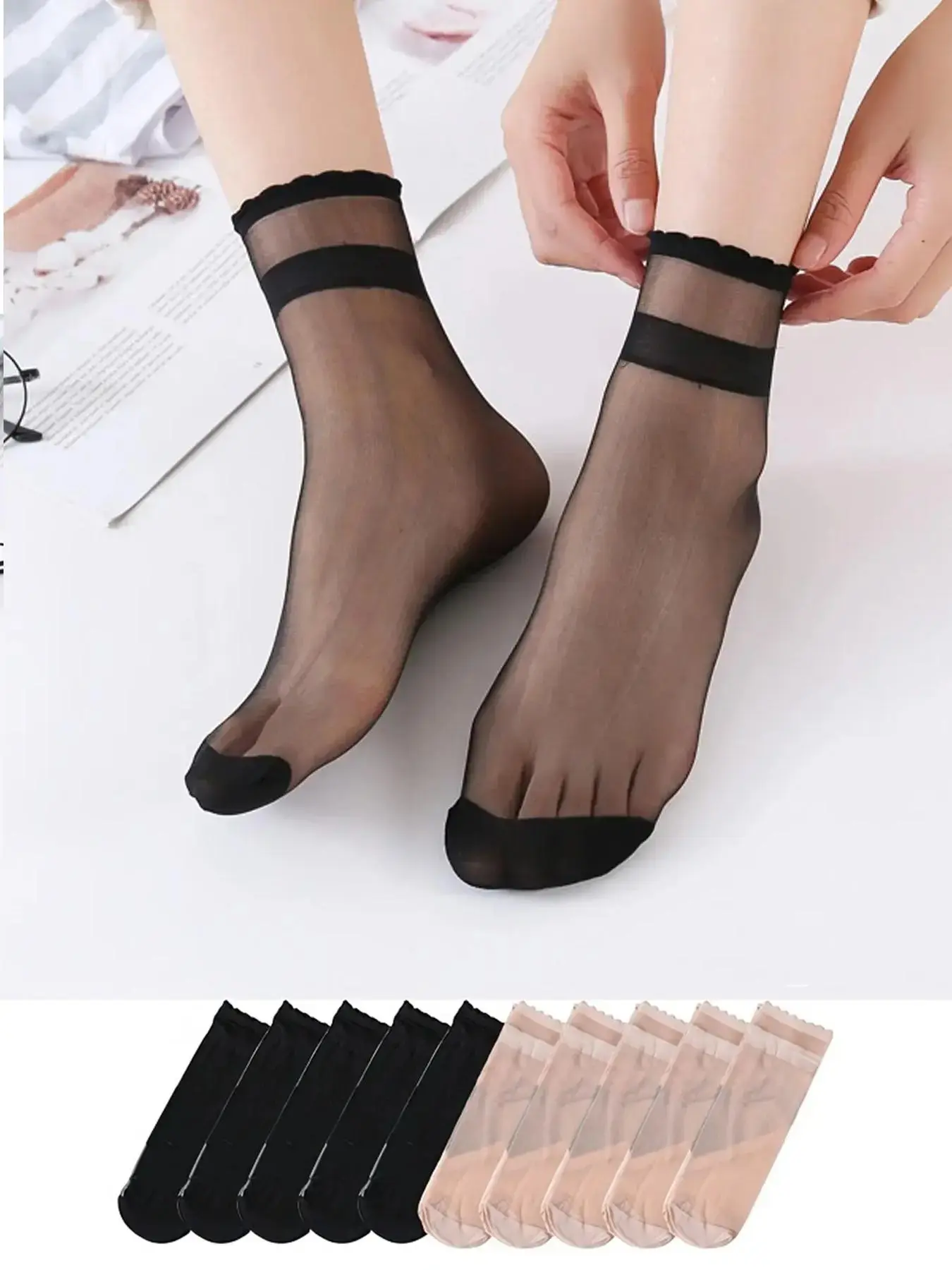 10 Pairs Women's Transparent Short Stockings, 3D Ultra-Thin, Anti-Pill Crystal Socks, Invisible Pilot Socks, Nude, Low-Cut, Lightweight