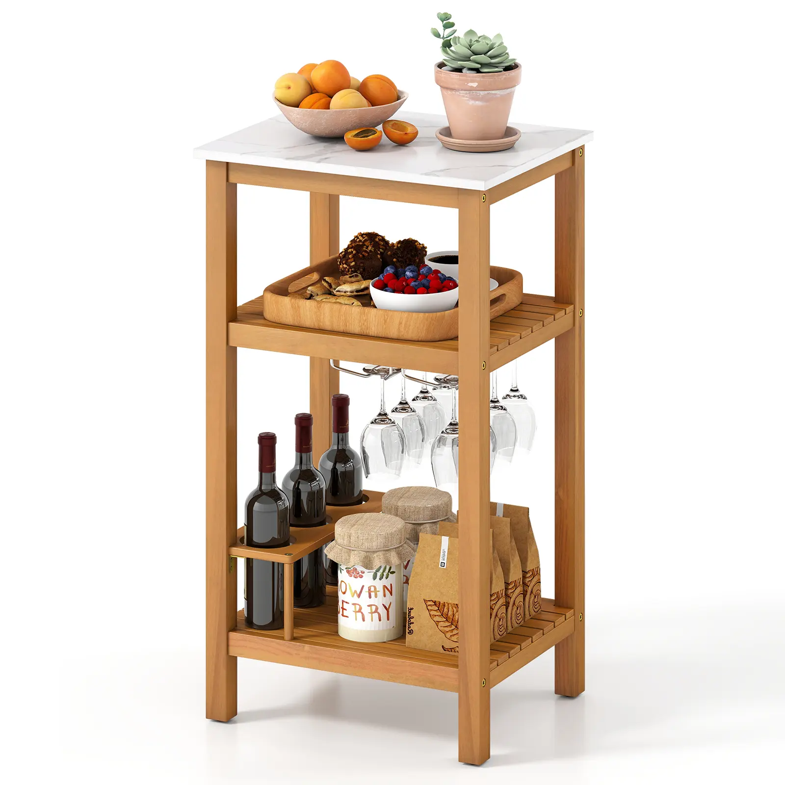 COSTWAY - Patio Acacia Wood Storage Cabinet Patio Buffet Cabinet Bar Table
