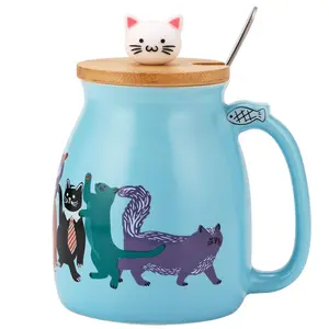 Jumiland Cute Cat Ceramic Cup - 420ML Cat Pattern Coffee Cup with Spoon and Bamboo Lid Tea Water Milk Mug for Home Office 420ML (Blue)