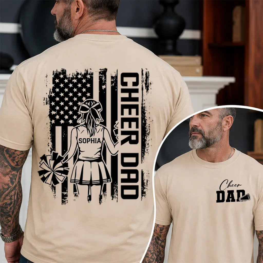 Cheer Dad Shirt Gildan Unisex T Shirt Custom Daughter Name Personalized Cheerleader Graphic Tee American Flag Vintage Retro Distressed Back Print Top First Time New Father Husband Stepdad Gifts