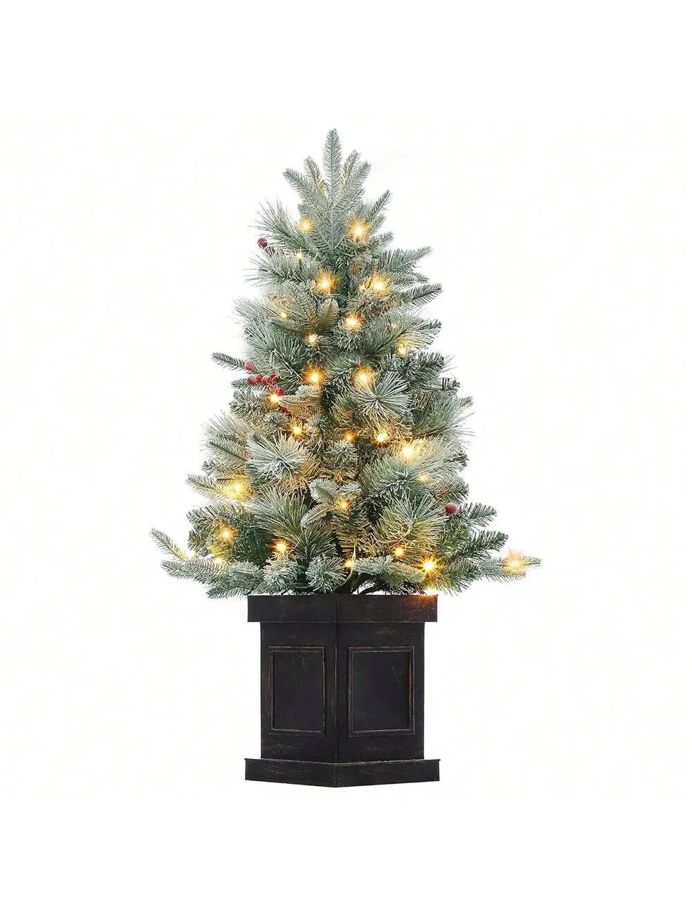 3 Ft Cordless Vintage Pre-Lit LED Artificial Christmas Tree - Dry Battery-Powered (78 Warm LEDs), Potted Base, Faux Berry Inserts, Copper-Cement Reinforcement, Low Allergens, Durable Home Decor Ornaments Decoration for All Ages
