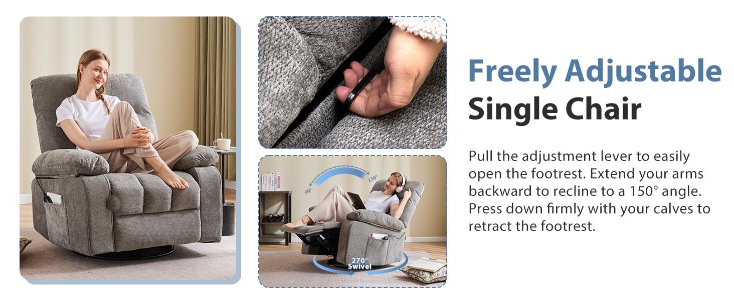 Swivel Rocker Recliner Chair with Massage and Heat, Adjustable Recline, Chenille Fabric