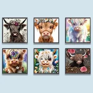 Highland Cow Pattern DIY Diamond Painting Kit without Frame, 6 Counts/Set 5D Diamond Painting Cross Stitch Kit, DIY Decor Painting for Bedroom Living Room, Wall Art Painting Handicraft
