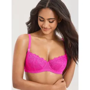 DOBREVA Women's Sexy Lace Push Up Plus Size Bra Sheer Balconette Underwire Unlined No Padded