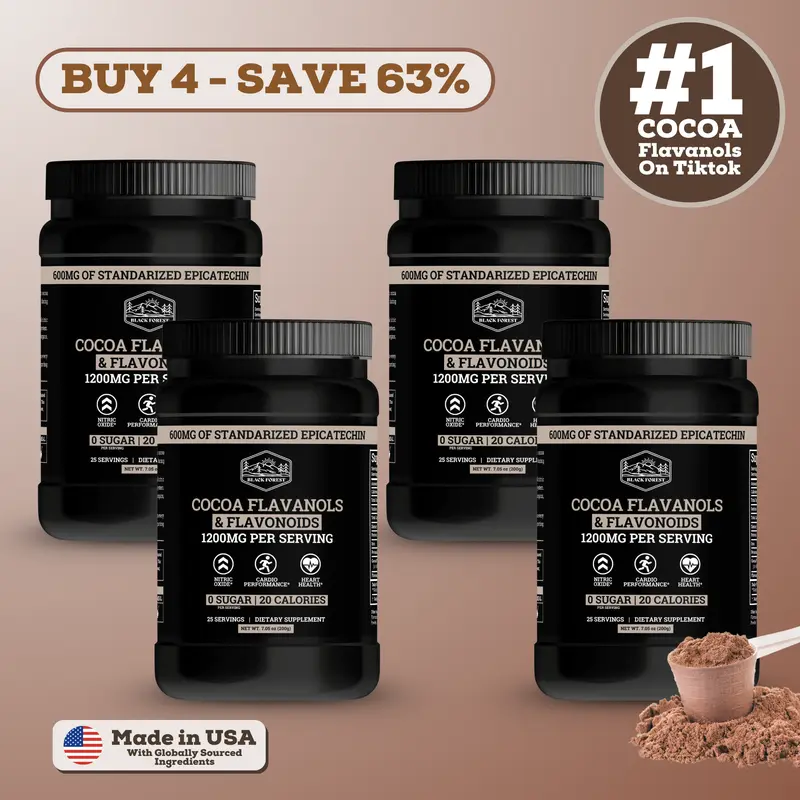 4 Bottles of Black Forest Supplements Cocoa Flavanols & Flavonoids | High Flavanol Cocoa Powder – 1200mg per Serving, 600mg Epicatechin – Supports Circulation, Energy, & Heart Health, High Flavanol Dark Chocolate Supplement