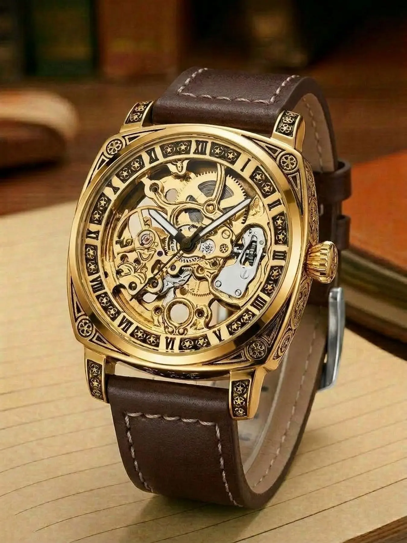 A men's alloy business style luminous carved automatic tourbillon hollow mechanical watch Analog Mechanical Watch Automatic Wristwatch